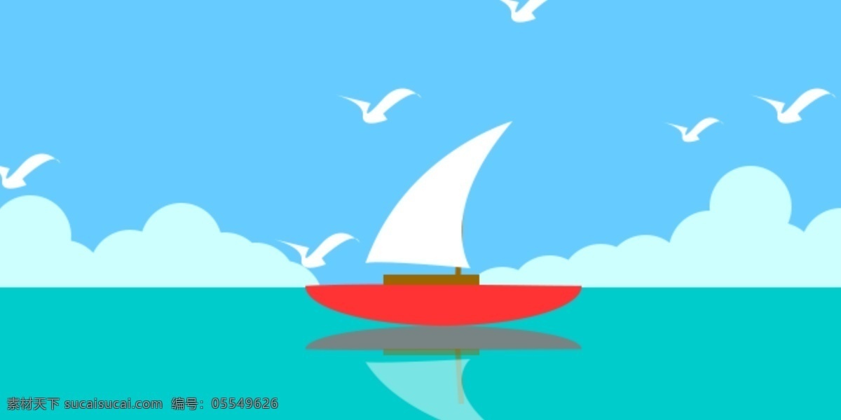 船只 蓝天 大海 白云 海鸥 插画