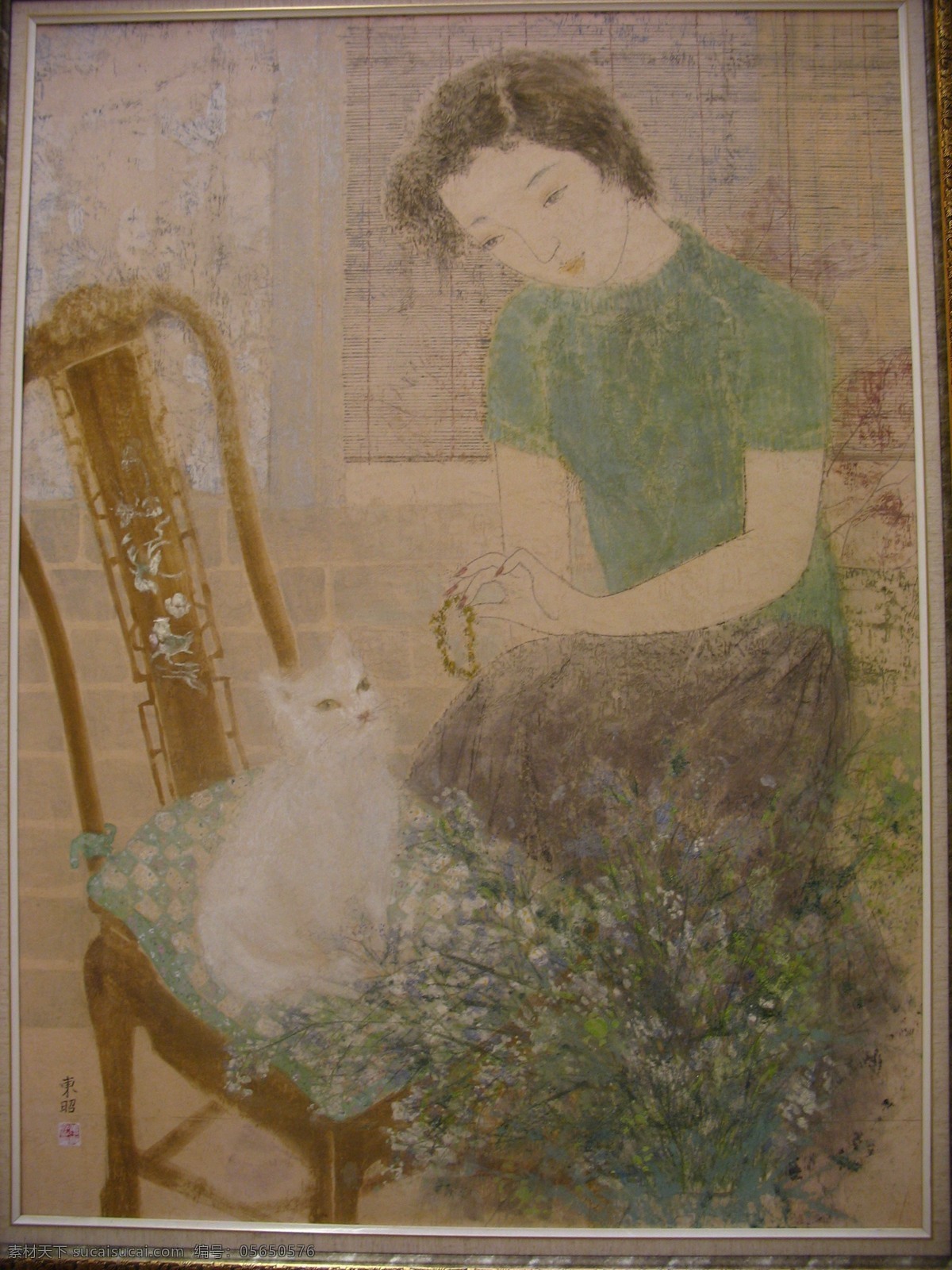 工笔人物 工笔 艺术 美术 绘画 少女 小猫 椅子 美术绘画 文化艺术