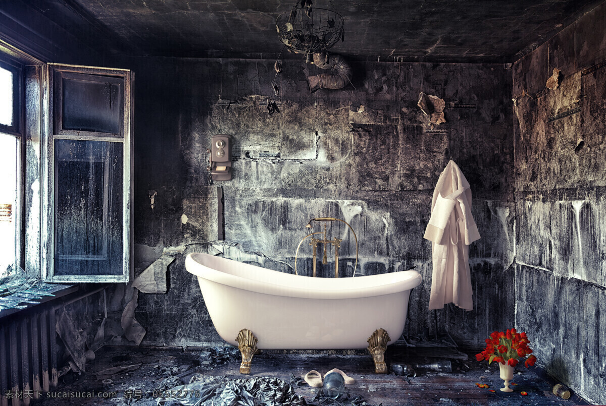 废弃 房间 里 浴缸 废弃的房间 玫瑰花 洗浴用具 其他类别 生活百科
