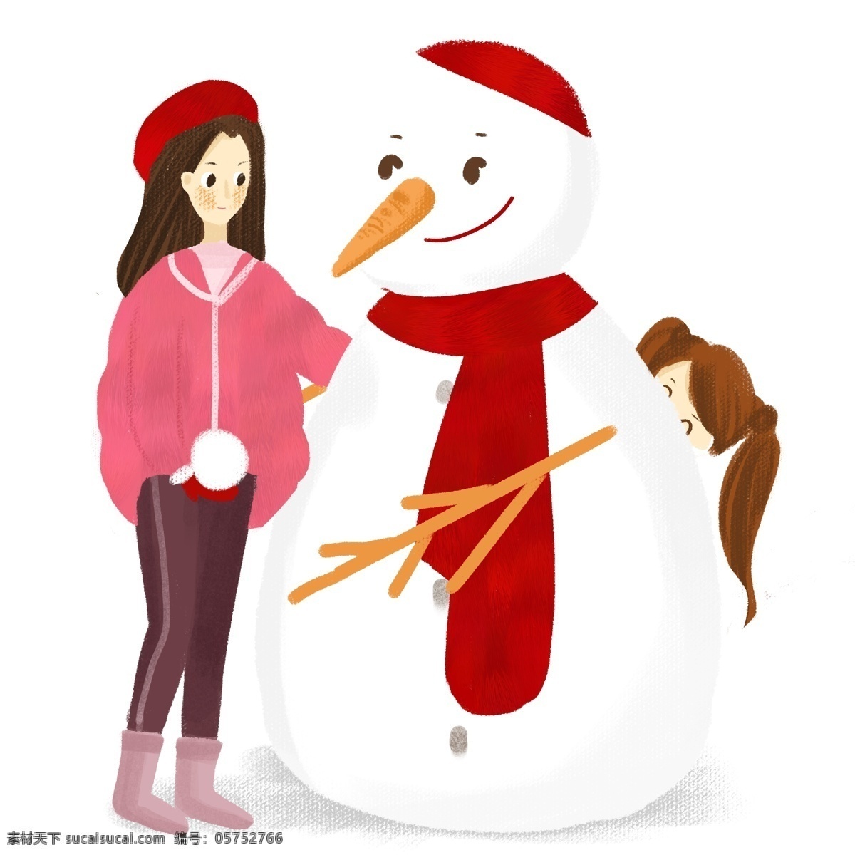 圣诞节 女孩 堆 雪人 手绘 免 抠 图 女孩堆雪人 手绘免抠图