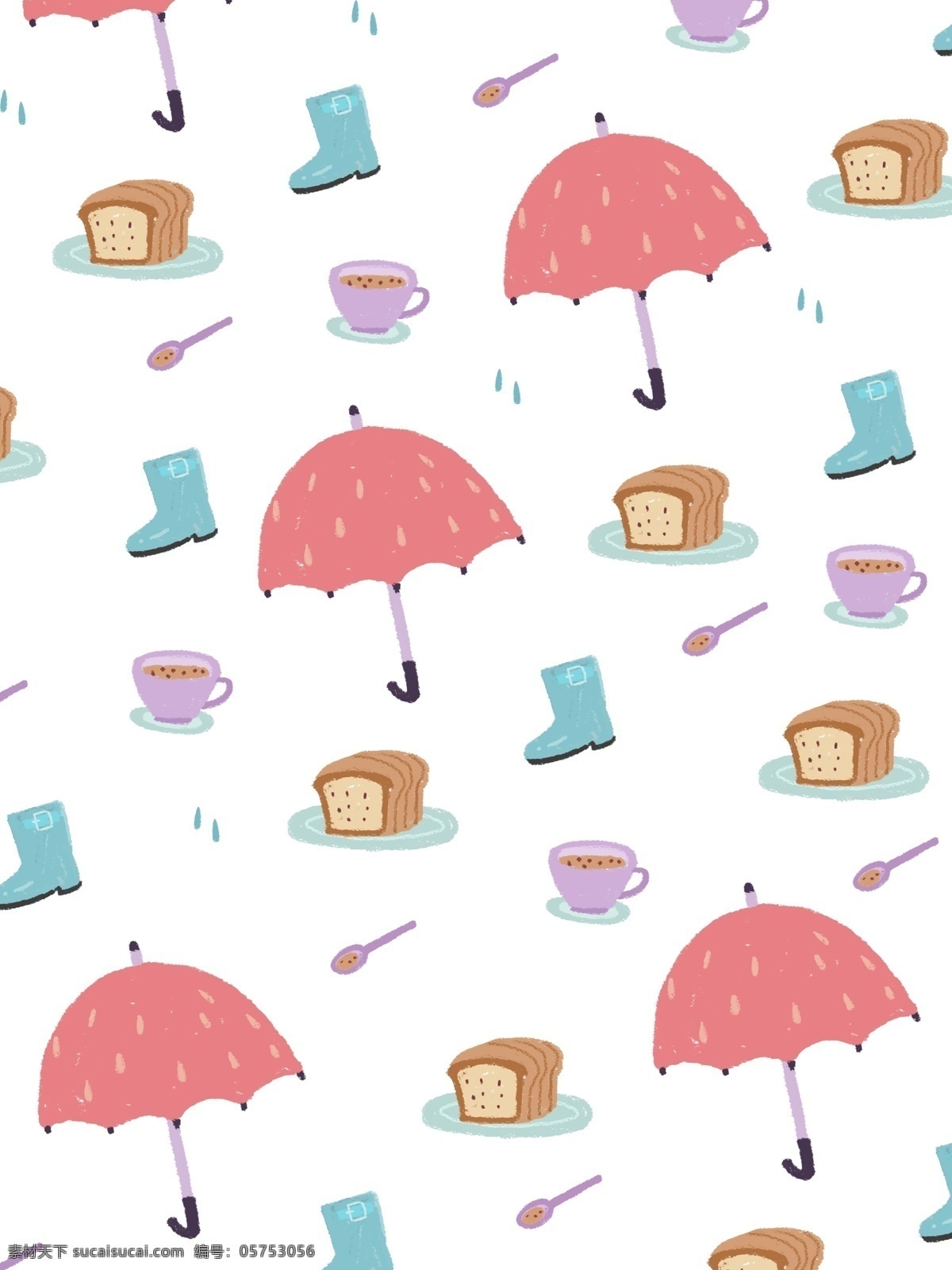 文艺 雨天 透明 底纹 雨水 雨伞 面包 杯子 勺子 雨鞋 透明底纹