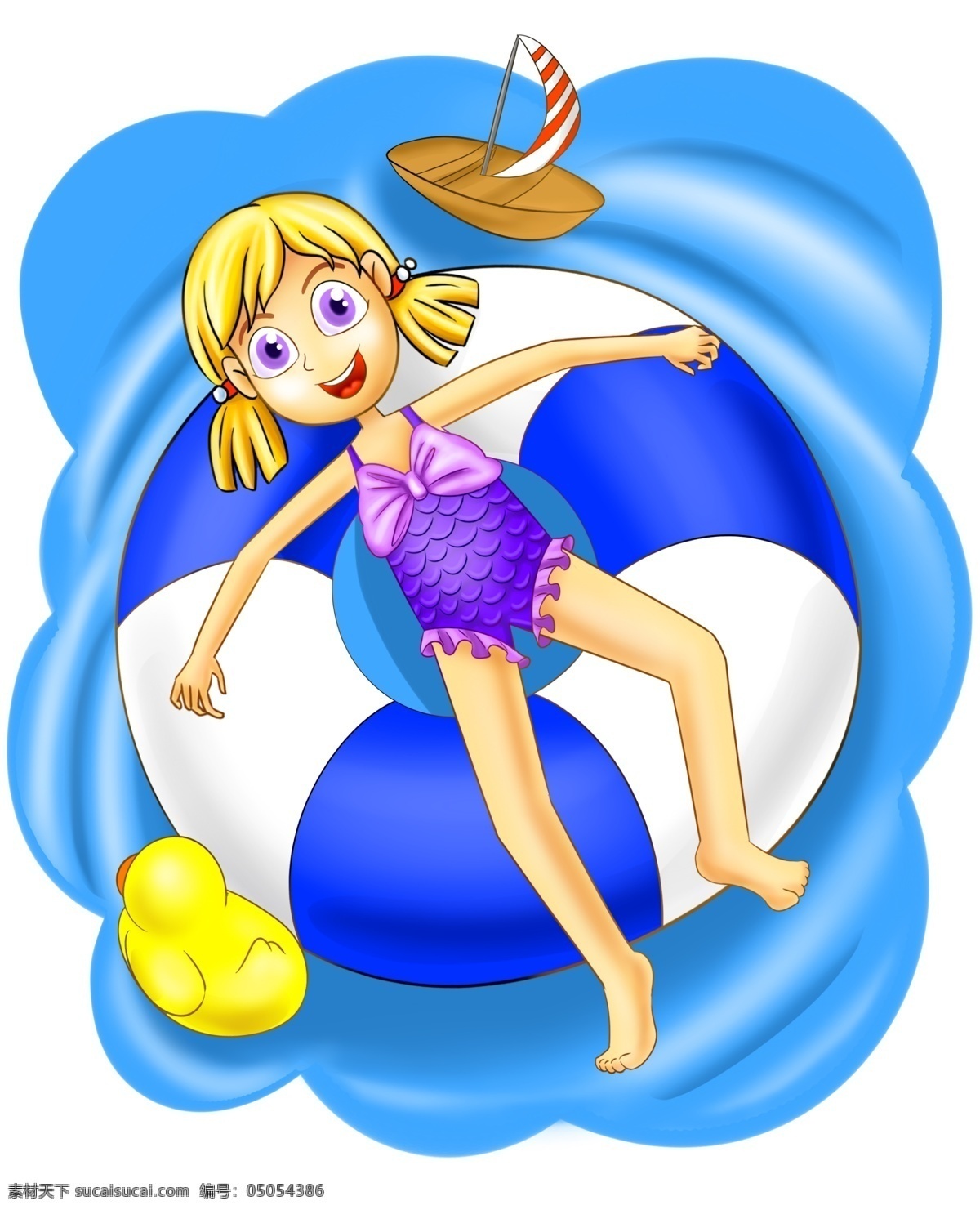 游泳 小女孩 插画 游泳人物插画 游泳的小女孩 游泳健身 黄色的帆船 卡通人物 紫色的泳衣