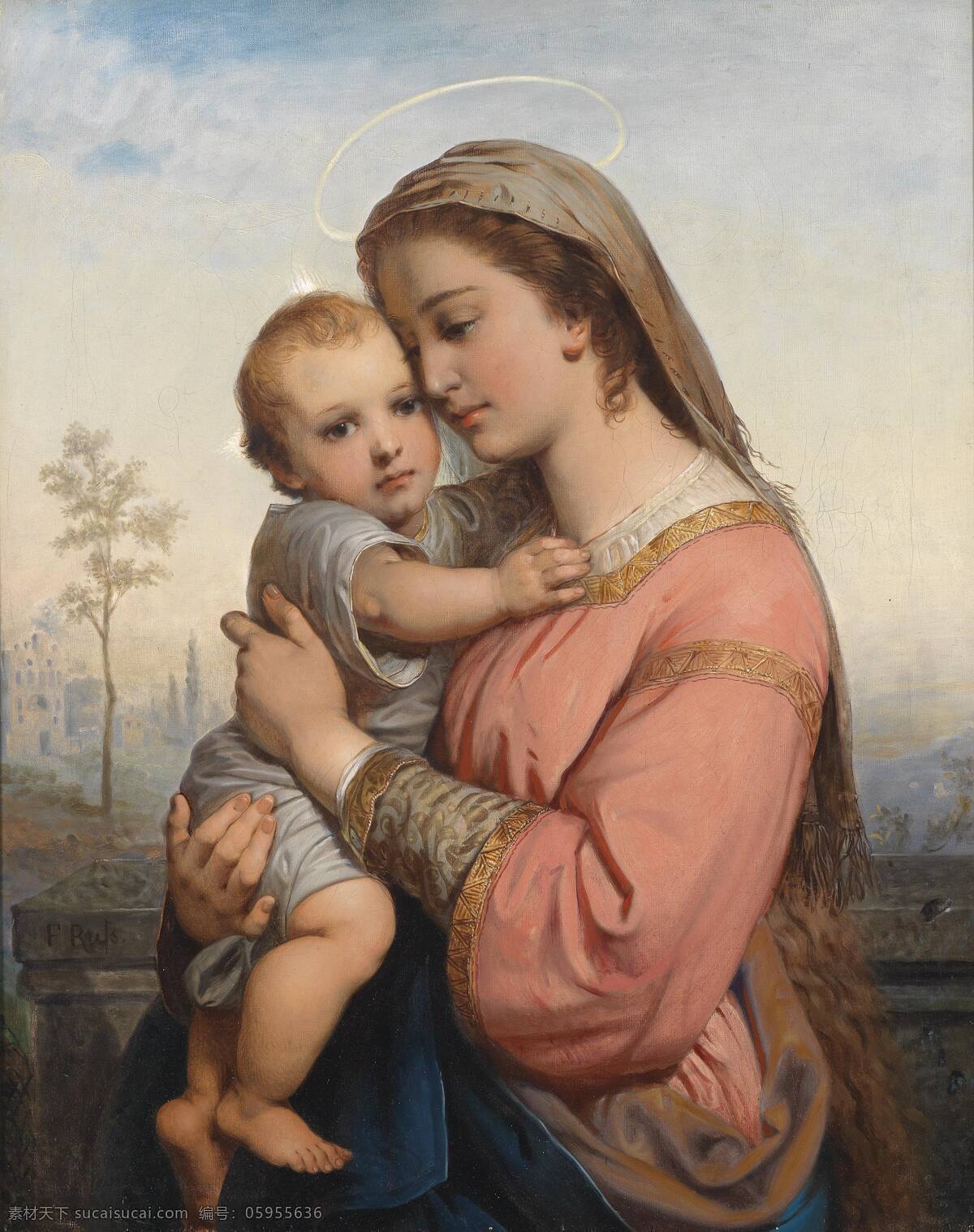 圣婴与圣母 圣母玛丽娅 耶稣 基督教 宗教 19世纪油画 母子情 母与子 绘画书法 文化艺术