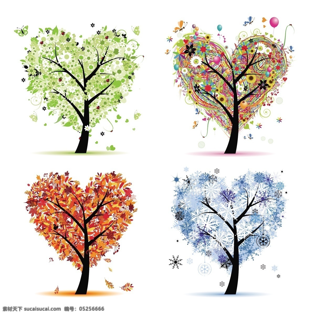 四季 树 画像 心形树设计 插画 四季图标 白色