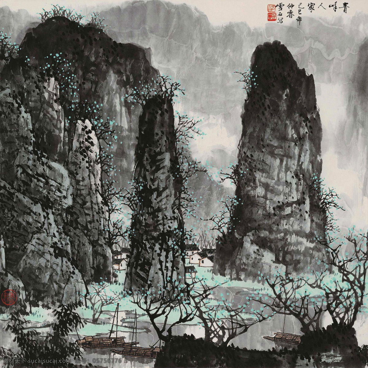 桂林山水 国画 绘画书法 人家 山水 山水画 水墨画 青峰 设计素材 模板下载 青峰人家 白雪石 渔家 写意 中国画 文化艺术