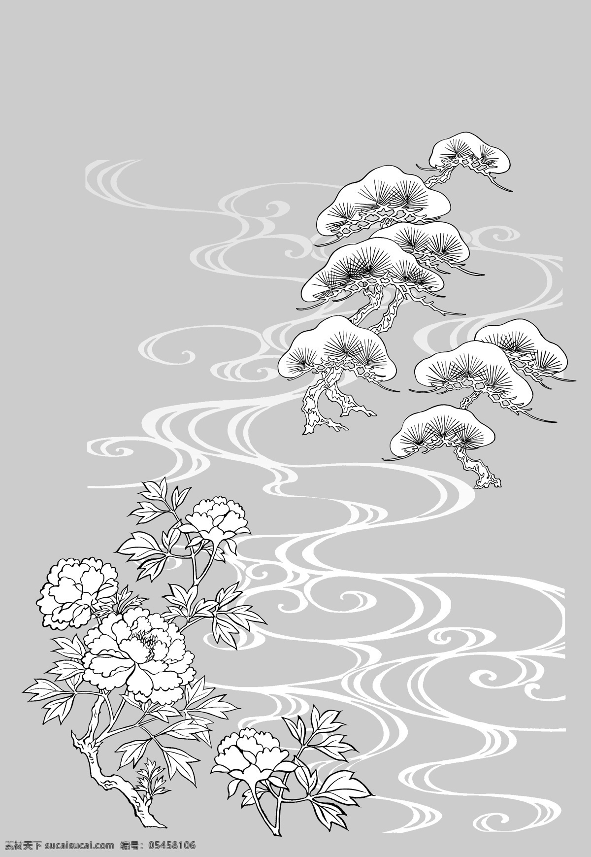 线描 牡丹 图案 来自 日本 民间 原创 十分美观 矢量图 花纹花边