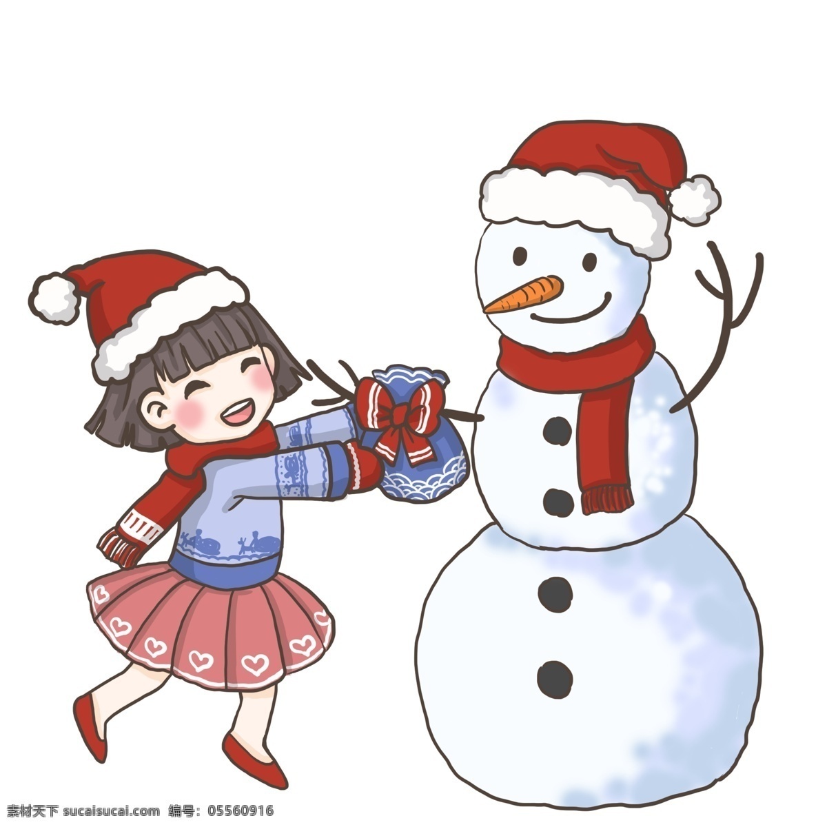 圣诞 雪人 女孩 冬天 冬装 圣诞节 红色衣装 可爱风小贴纸 双人 温暖甜美 开心 戴 帽 礼物