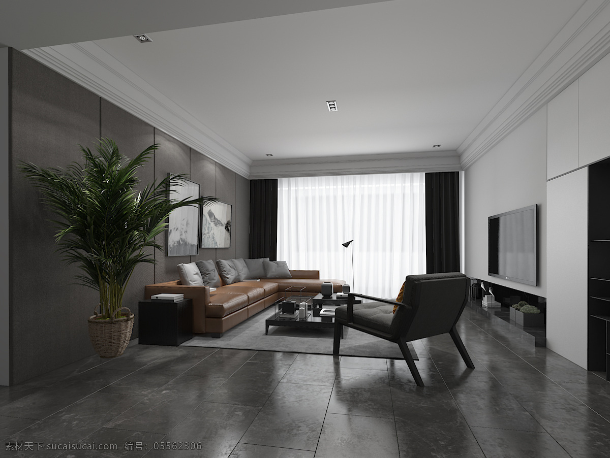 现代 极 简 风 家装 客厅 效果图 沙发 植物 窗帘 简约 极简 电视墙