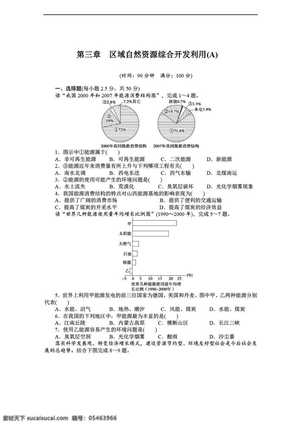 地理 人教 版 高中 必修 三 第三章 区域 自然资源 综合 开发 利用 单元 测试 a 人教版 必修3 试卷