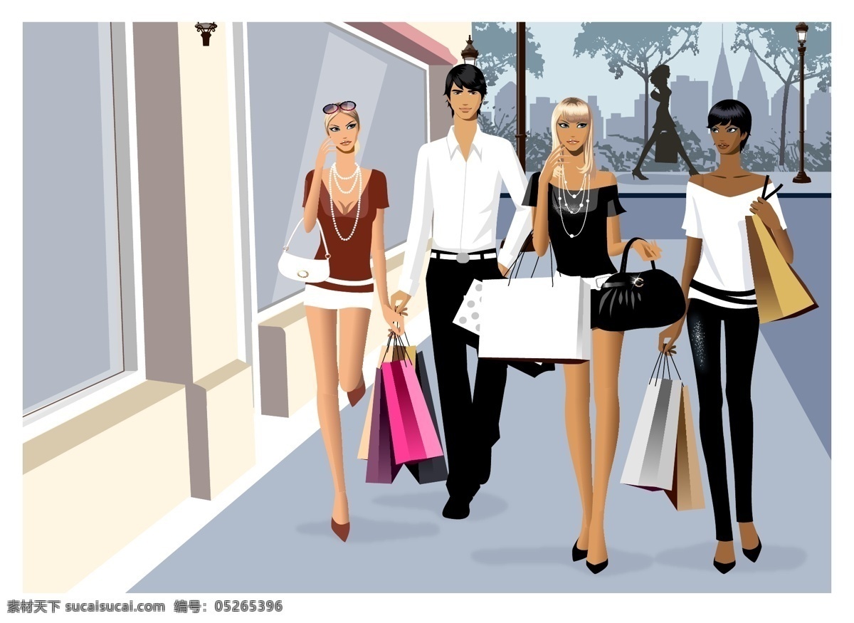 购物 男女 矢量 ai格式 shopping 购物袋 逛街 时尚 矢量素 手挽袋 纸袋 矢量图 矢量人物