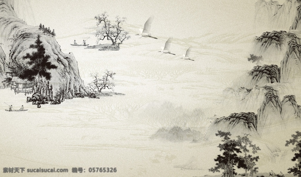 山水国画 水墨画 国画 山水画 宣纸画 高清分层 中国文化 国粹 壁画 分层