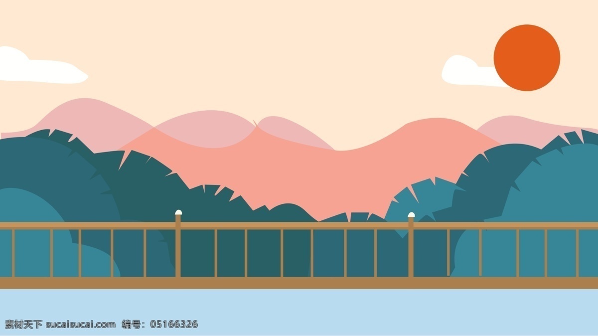 唯美 落日 桥边 风景 插画 背景 植物背景 psd背景 卡通背景 风景插画背景 落日背景 桥边风景