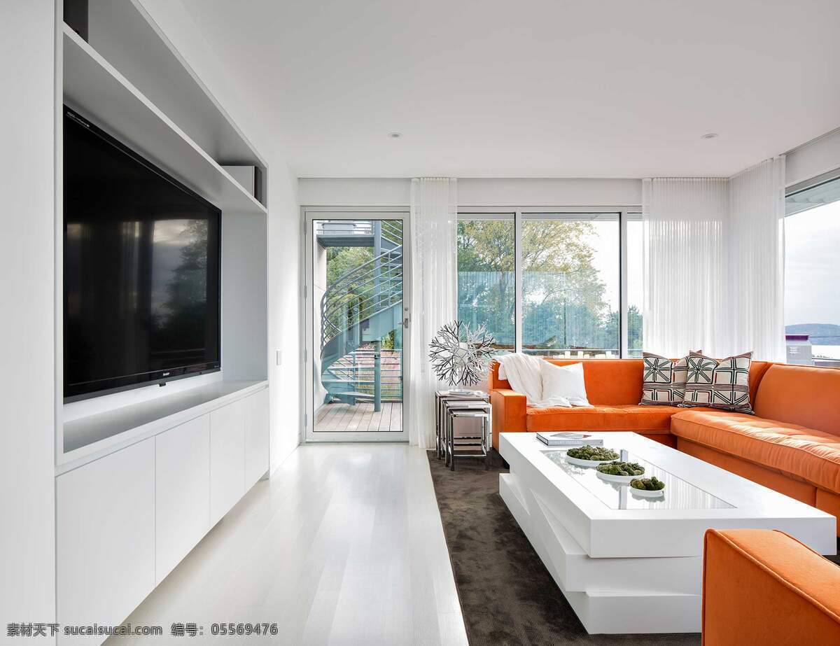 现代 简 欧 客厅 橙色 效果图 抱枕 橙色沙发 电视机 房间设计 过道 黑色地毯 室内装潢 展示效果图 装潢效果图