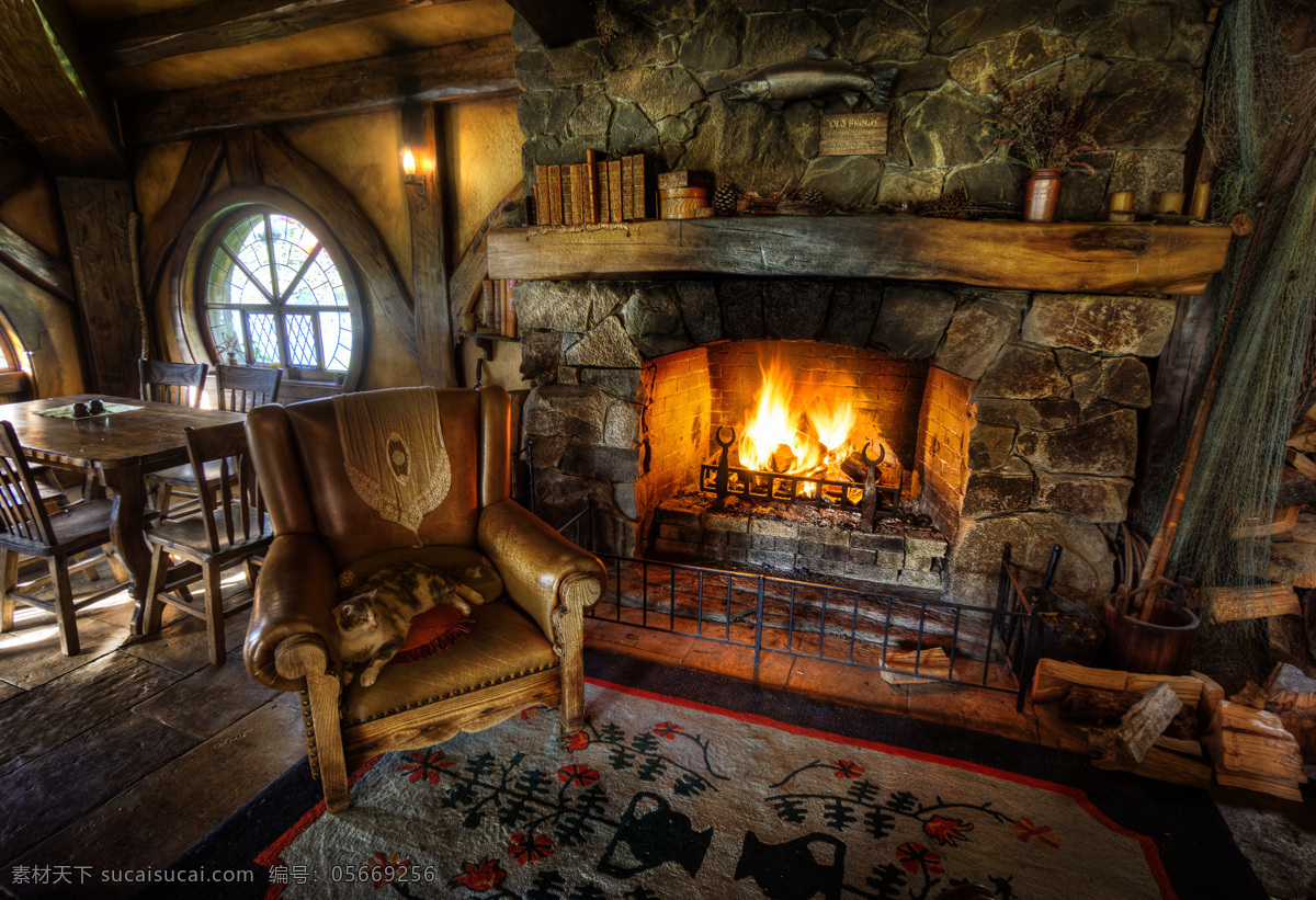 壁炉取暖 壁炉 取暖 欧美家庭装饰 皮沙发 猫 火 餐桌 地毯 圆形窗户 石头 柴火 蜡烛 高 动态 建筑摄影 建筑园林