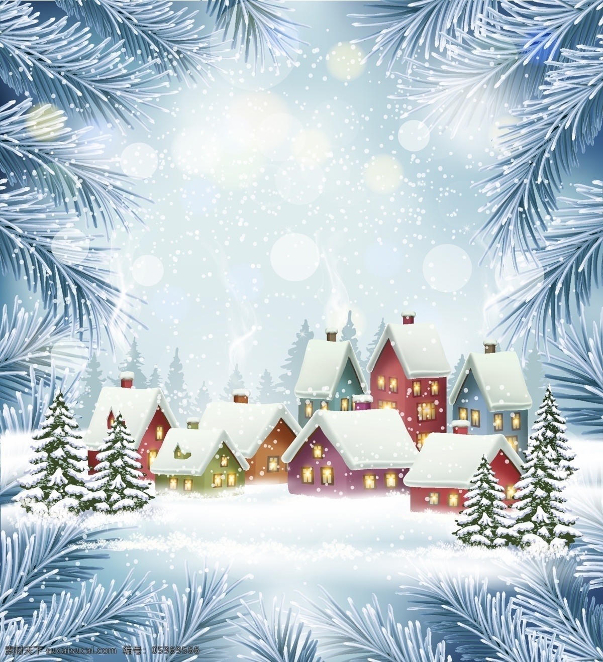 美丽 圣诞节 风景 插画 冬天 下雪 雪花 房子 节日