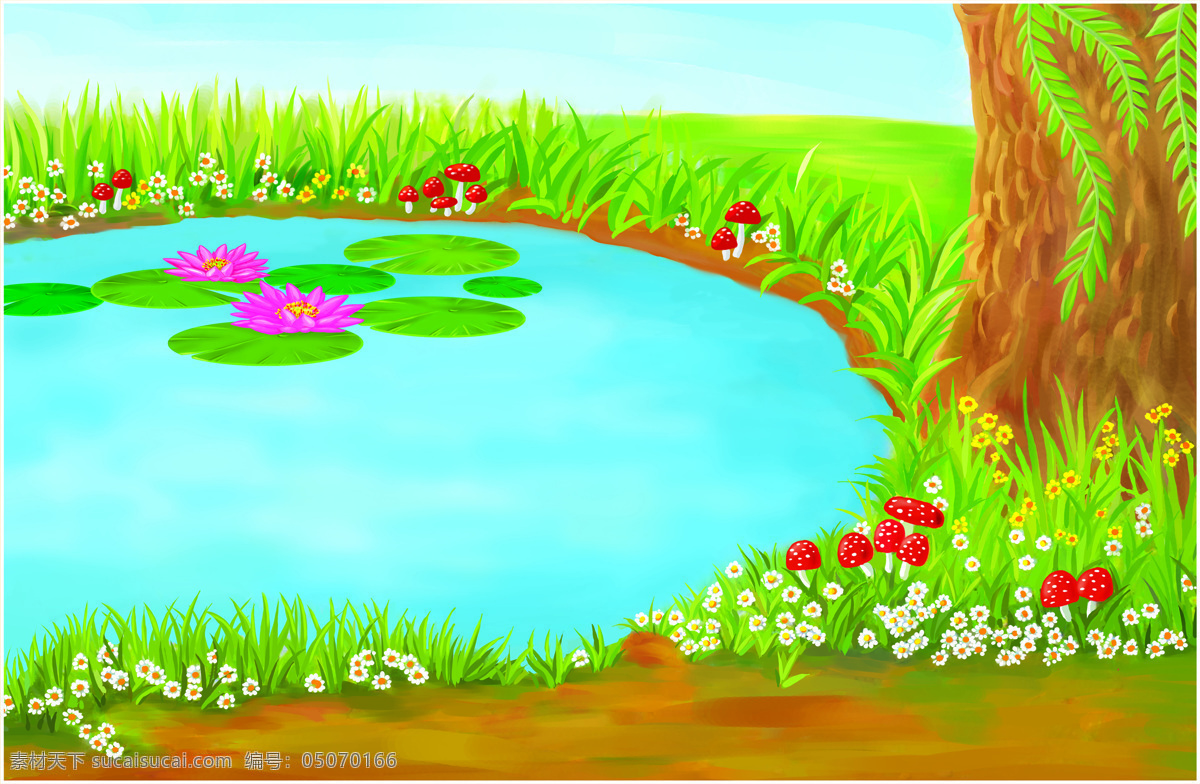 池塘 插画 卡通 可爱 花 树 湖水 儿童 动漫动画