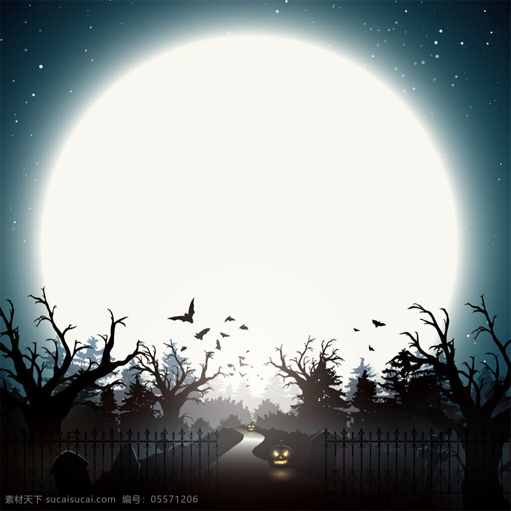 月亮 城堡 树林 背景 月光 下 成 堡 南瓜 灯 蝙蝠 万圣节素材 矢量