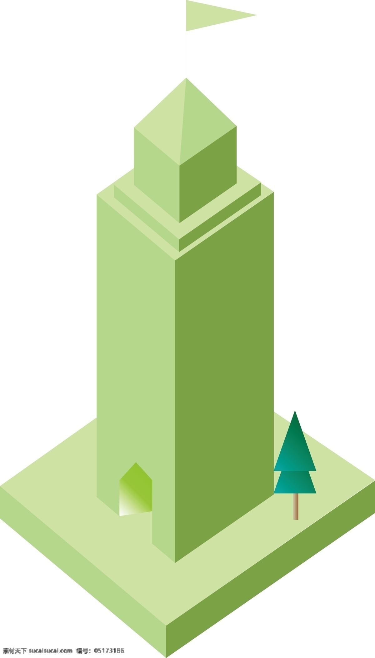 d 立体 插画 绿色城堡 淡绿色城堡 方正图形 简约风格 免扣使用 绿色的树 尖顶带旗子