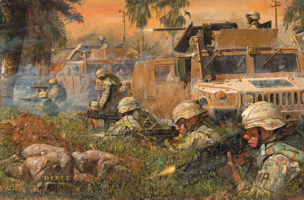 战争油画 战争绘画 美军 海湾战争 伊拉克战争 悍马 战争画 插画 军事 题材 绘画书法 文化艺术