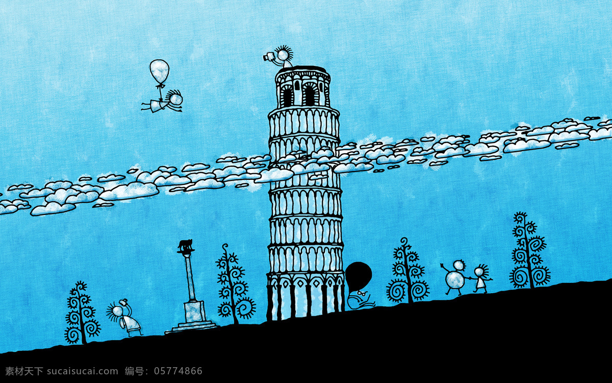 动漫插画 动漫动画 塔 涂鸦 云 桌面壁纸 动漫 插画 设计素材 模板下载 蓝蓝的天空 插画集