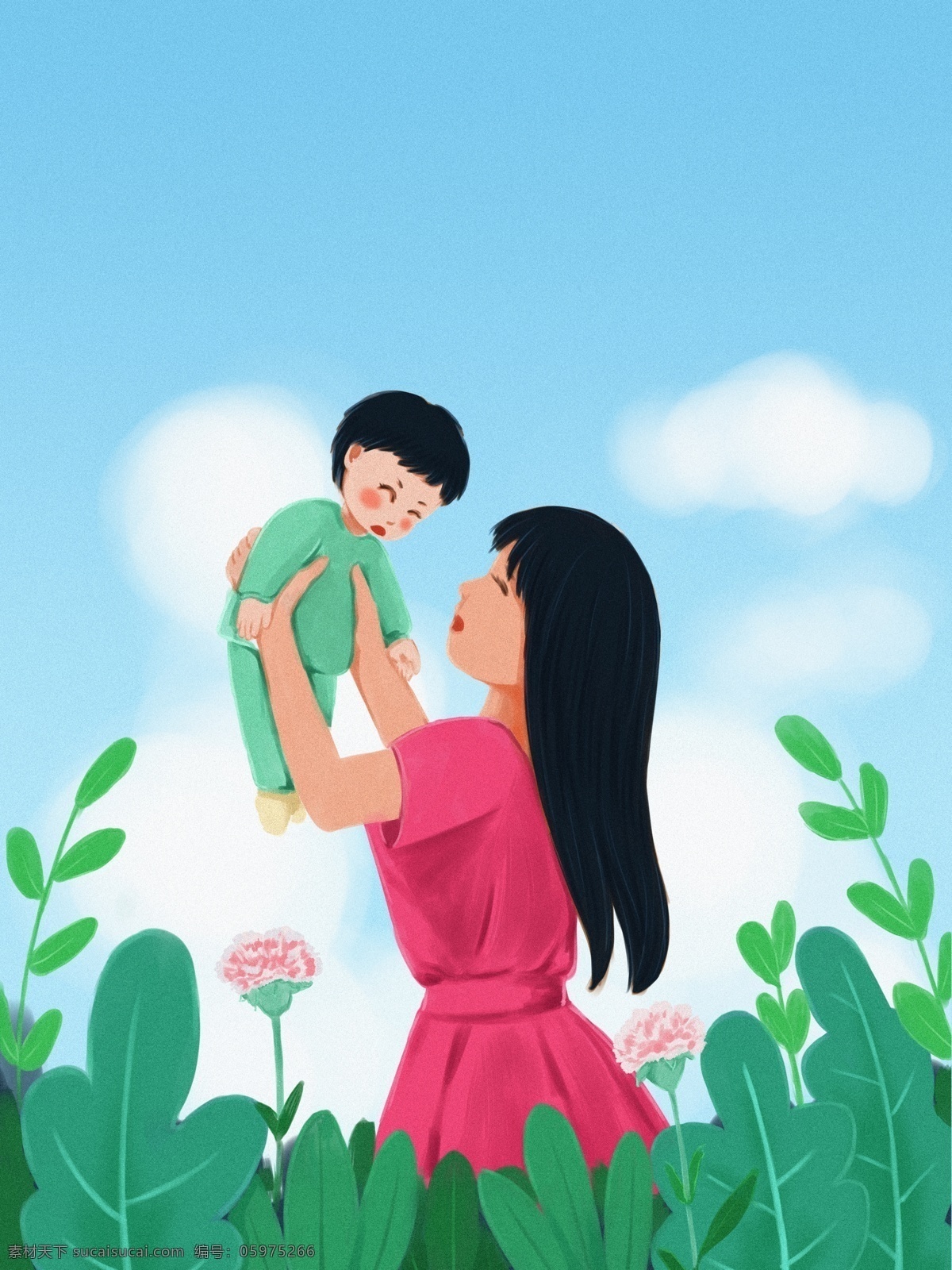 手绘 温馨 母亲 举起 孩子 母亲节 海报 母子 亲子 母亲和孩子 温馨母子 绿植 动漫动画 动漫人物
