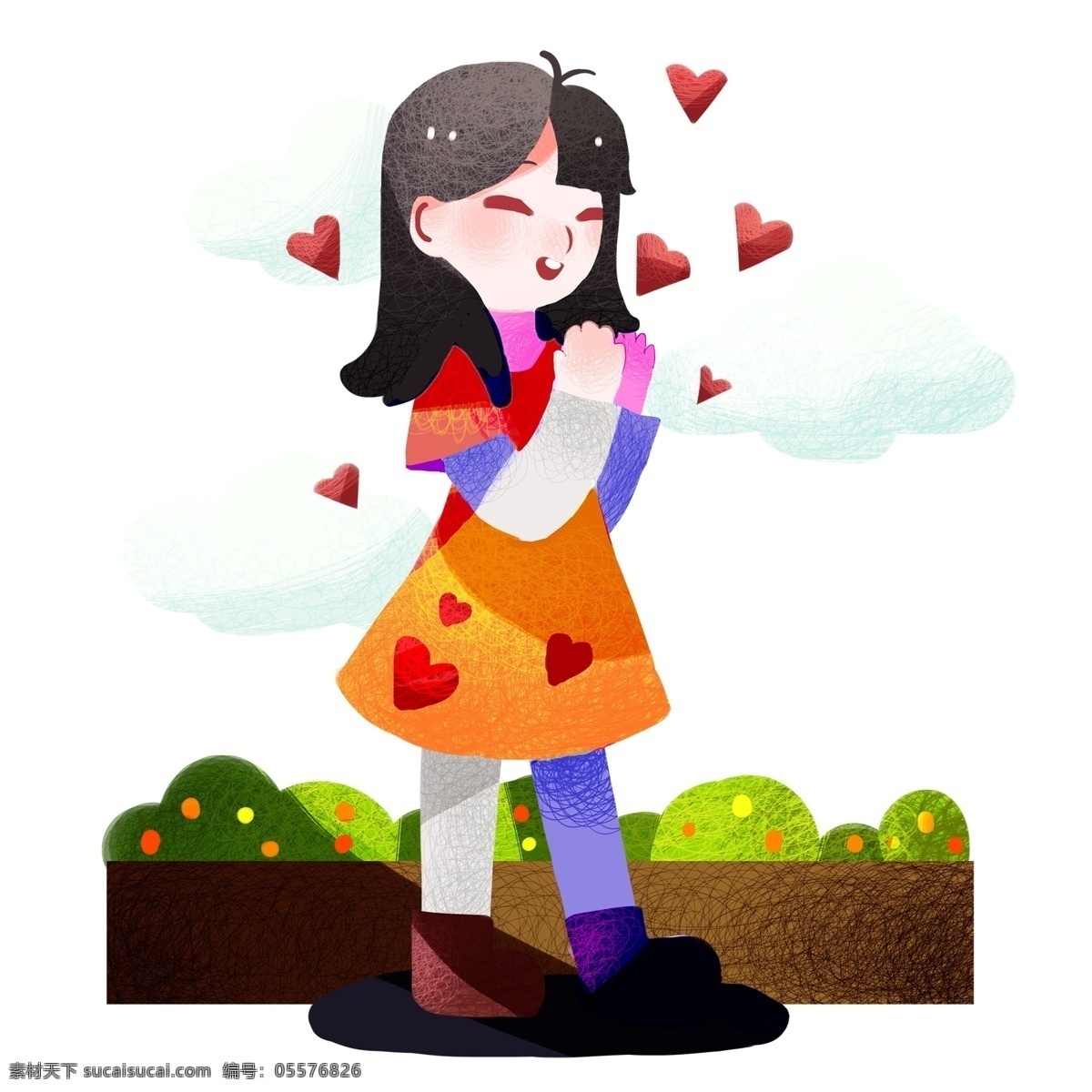 妇女节 人物 爱心 插画 红色的爱心 漂亮的小女孩 卡通人物 绿色的叶子 植物装饰