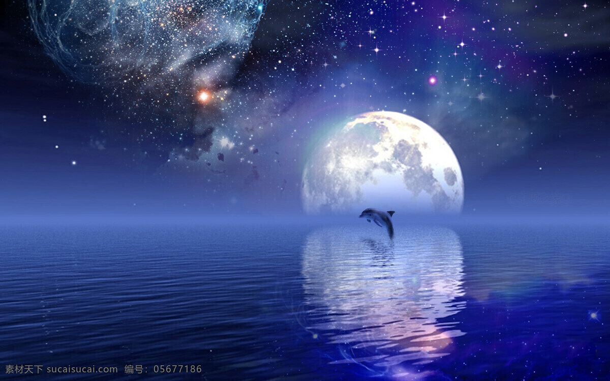 唯美 蓝色 星空 湖水 背景 湖面 月亮