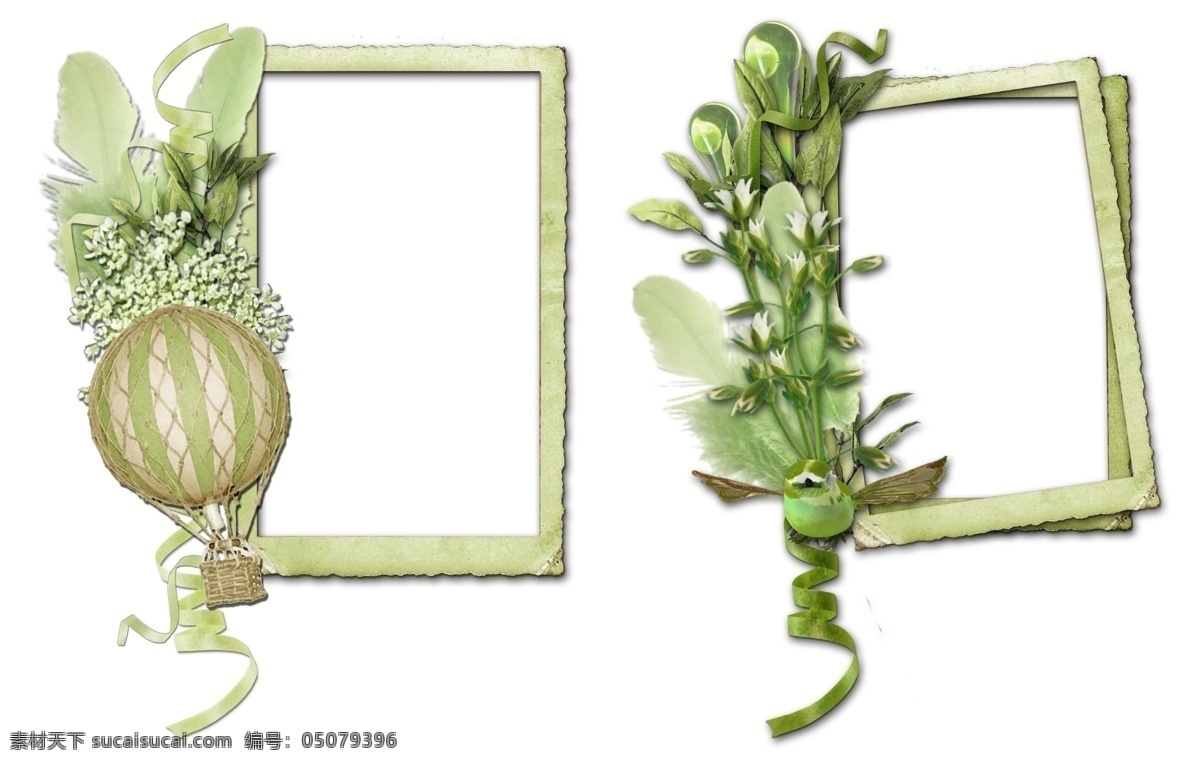 植物 装饰 相框 照片框 边框 花朵 绿叶 丝带 彩带 羽毛 小鸟 热气球 清新 相册 排版 免抠 分层