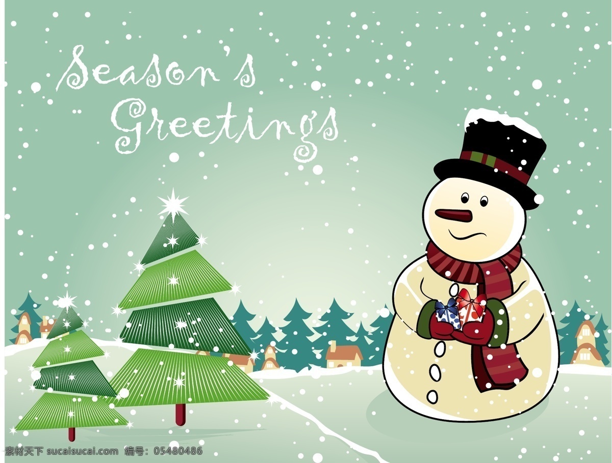 矢量 雪人 圣诞树 背景 图 冬天 海报背景 卡通 手绘 童趣 围巾 下雪