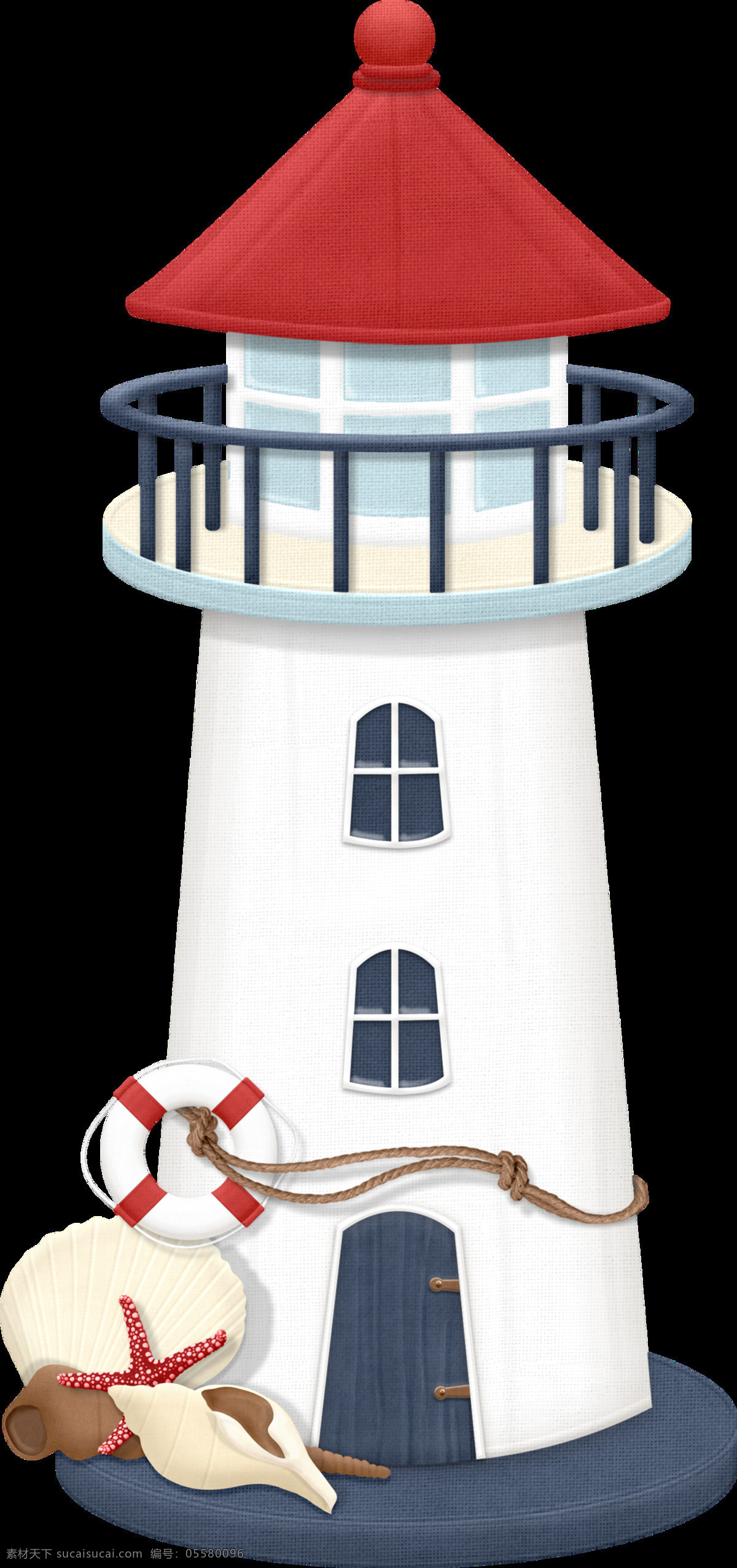手绘 卡通 观海 台 透明 海滩 救生圈 海星 蓝色 屋顶 红色 围栏 贝壳 免扣素材 装饰素材