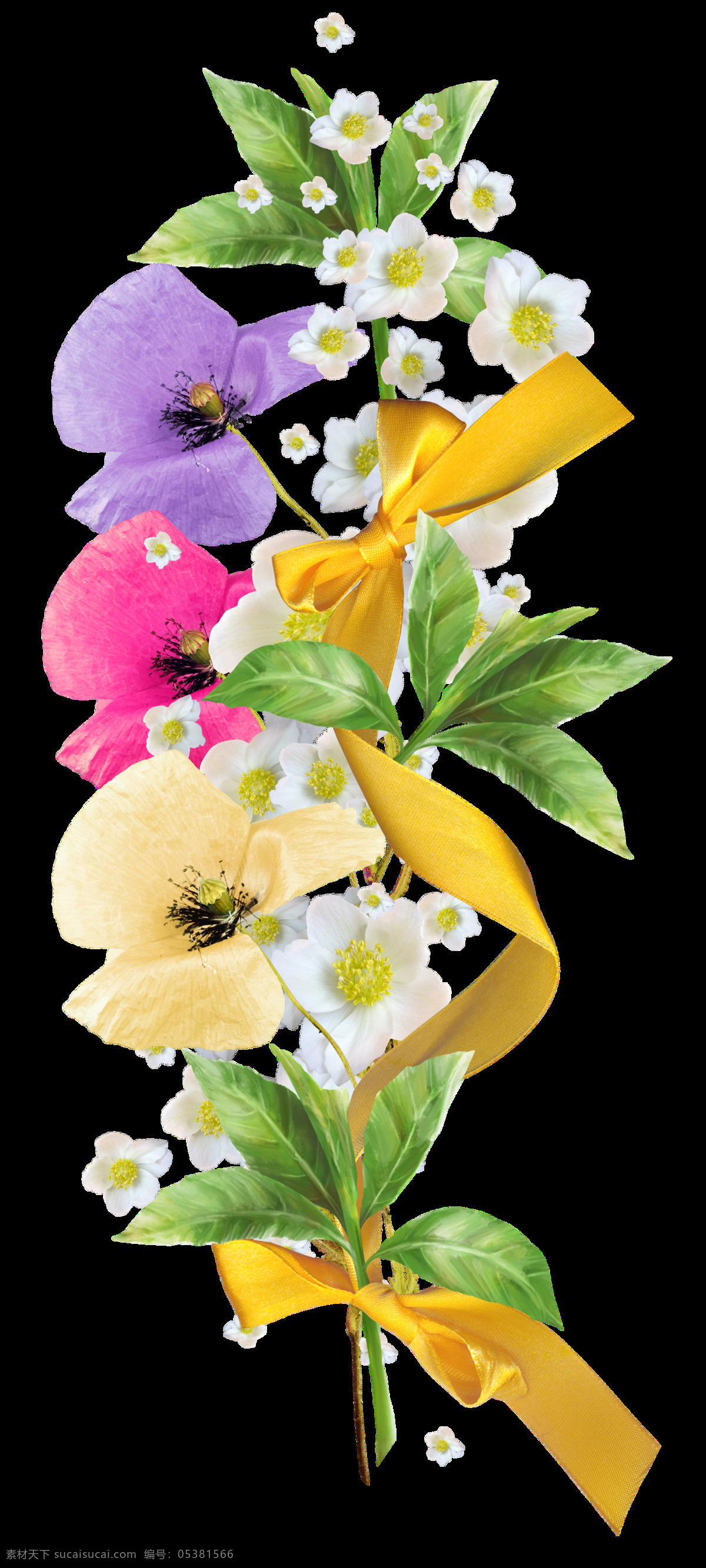 手绘 水彩 多彩 鲜花 花束 透明 黄色 三朵花 绿叶 丝带结 透明素材 免扣素材 装饰图片