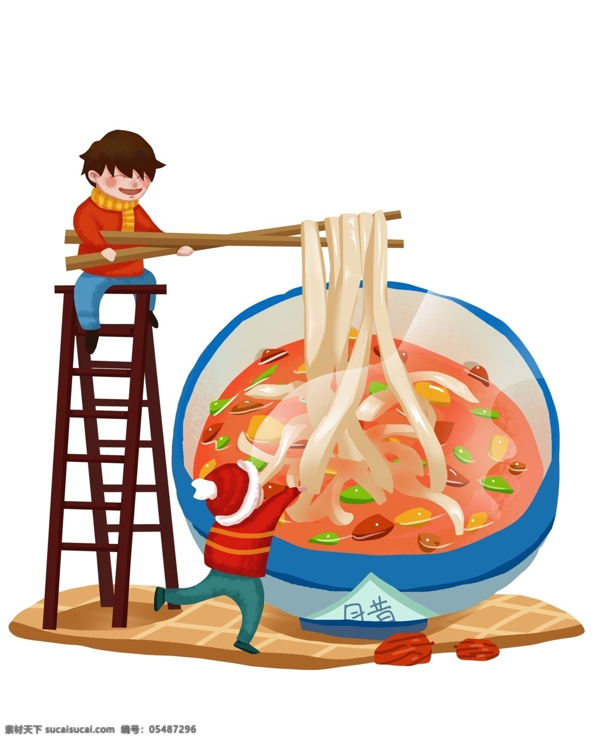 卡通 手绘 美味 腊八 插画 腊八面 面条 汤面 拉面 腊八节 节令食品 豆类 红豆 猪肉 葱花 油泼 美食 小吃 汤鲜
