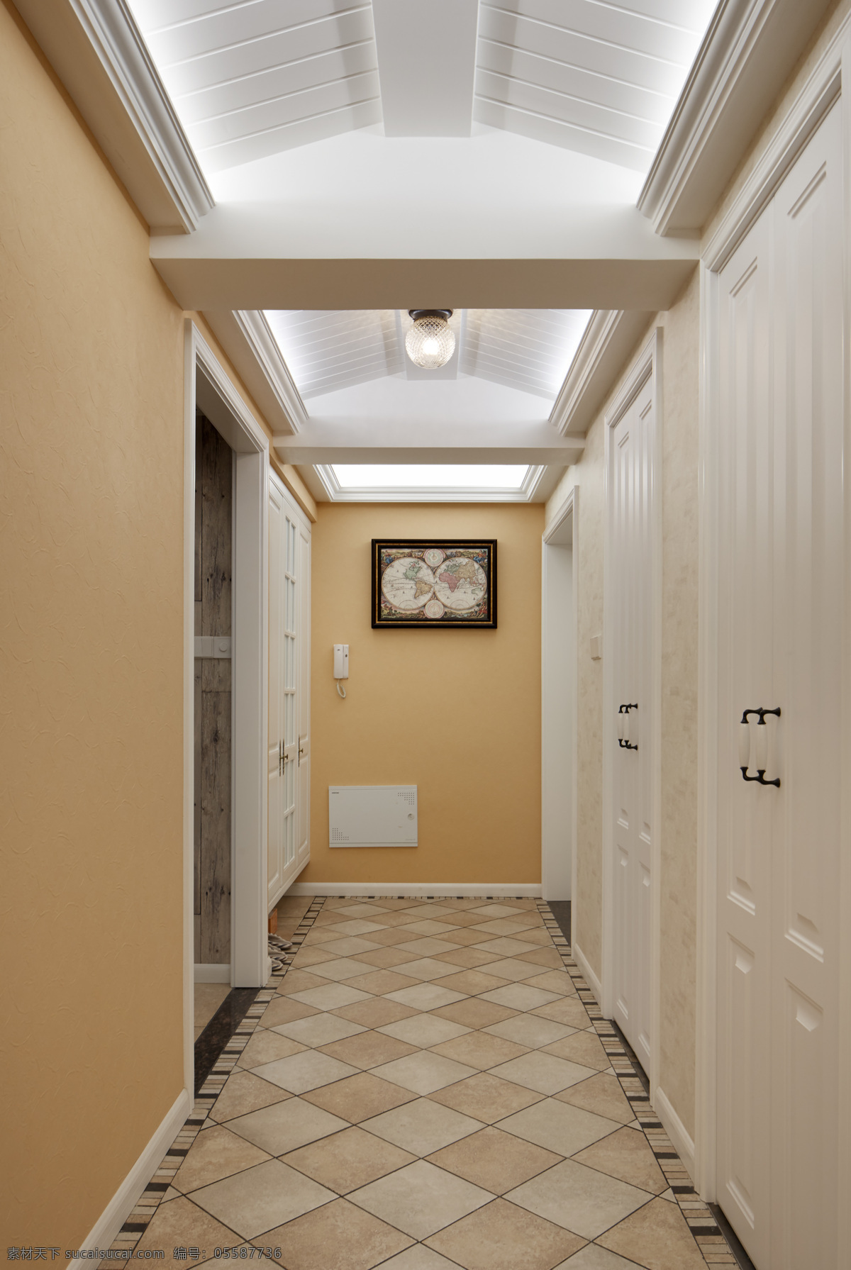 现代 温馨 客厅 走廊 格子 地板 室内装修 效果图 白色吊顶 壁灯 纯色背景墙 格子地板 客厅装修