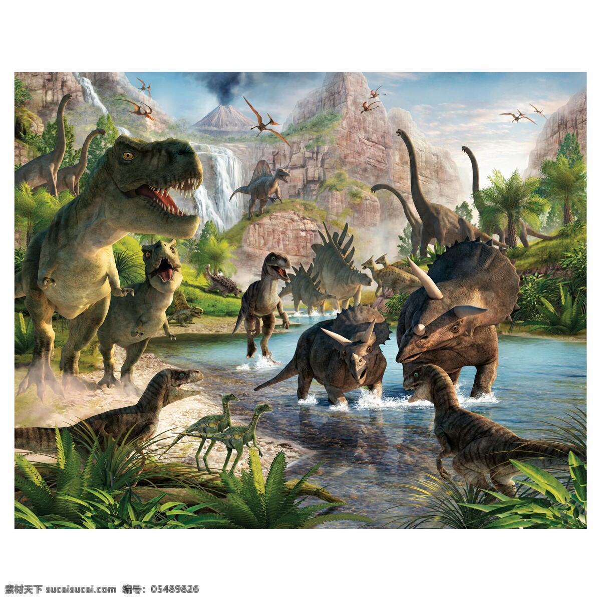 高清 恐龙世界 动物恐龙 飞龙 山脉 瀑布 树木