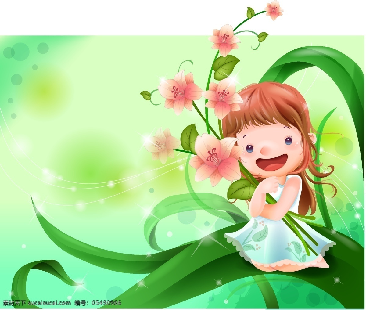 可爱 卡通 小女孩 花朵 花瓣 植物 叶子 绿色 曲线 漂亮 儿童幼儿 卡通设计 矢量