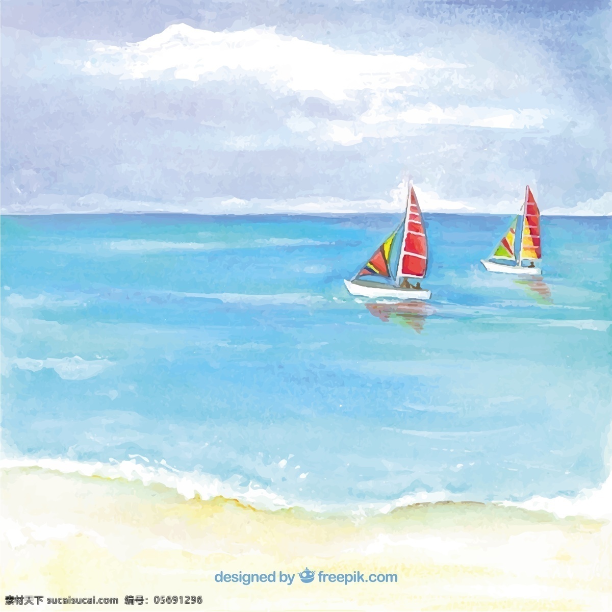 水彩画 沙滩 背景 两 艘 船 夏季 自然 海洋 海滩 阳光 水彩背景 景观 度假 环境 自然背景 户外 土地 夏季海滩