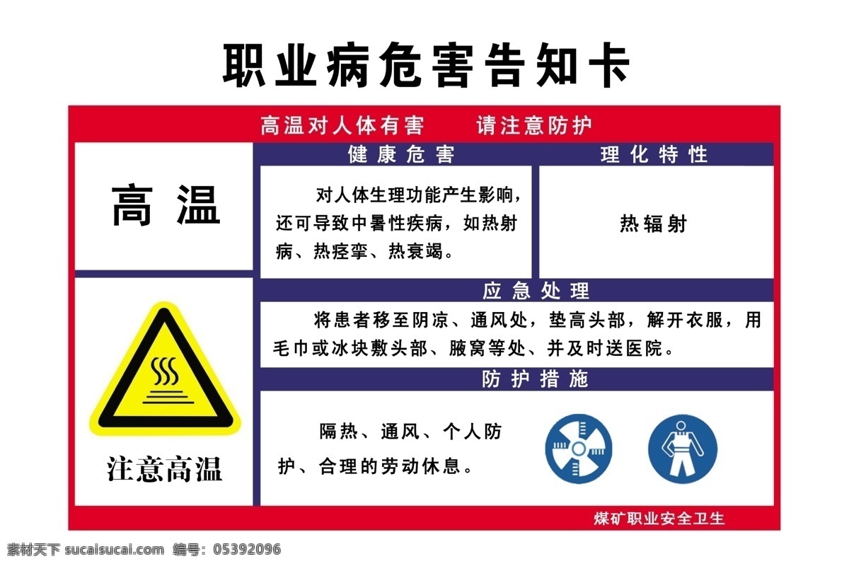 职业病 危害 告知 卡 告知卡 高温 注意高温标志 防尘标志 通风标志 保护服 广告设计模板 源文件