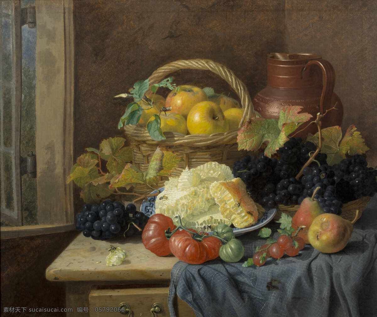 静物油画 秋收 篮子 葡萄 柚子 蜜蜂 西红柿 梨子 苹果 水罐 19世纪油画 油画 文化艺术 绘画书法