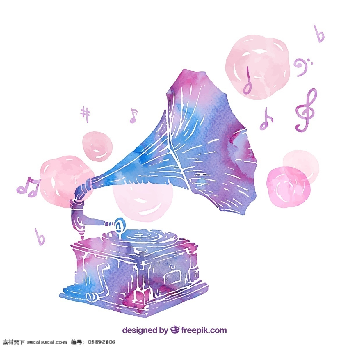 水彩留声机 喇叭 唱盘 胶片 唱片 紫色 水彩 留声机 音符 音乐 乐器 矢量音乐 矢量 舞蹈 剧场 表演 文化艺术 舞蹈音乐