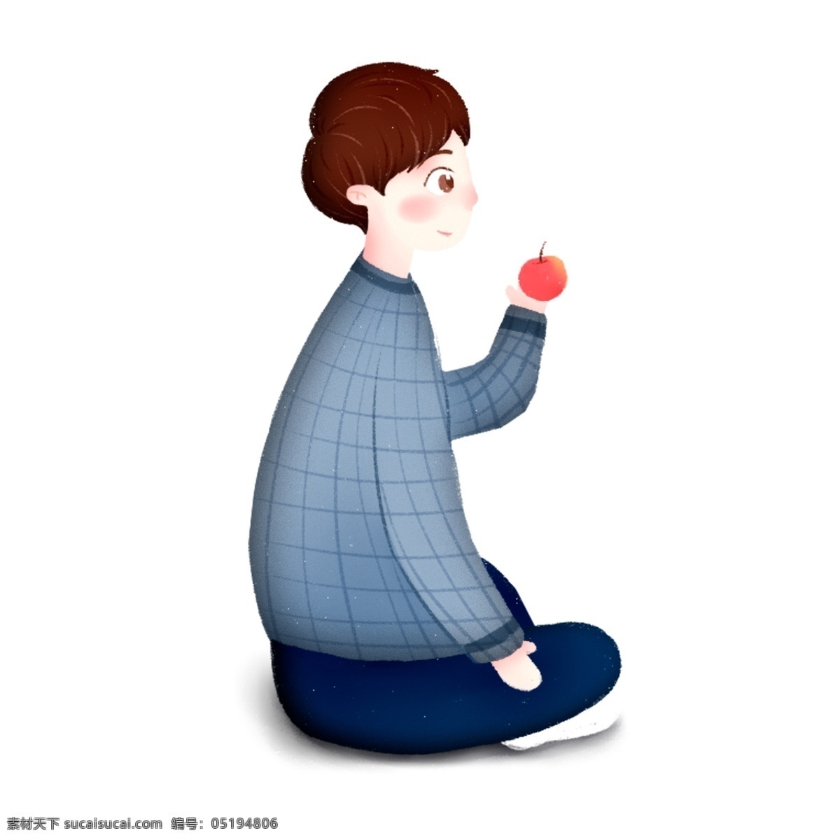 盘腿 坐 吃 苹果 男生 清新 圣诞节 人物 插画 平安夜 吃苹果 卡通手绘