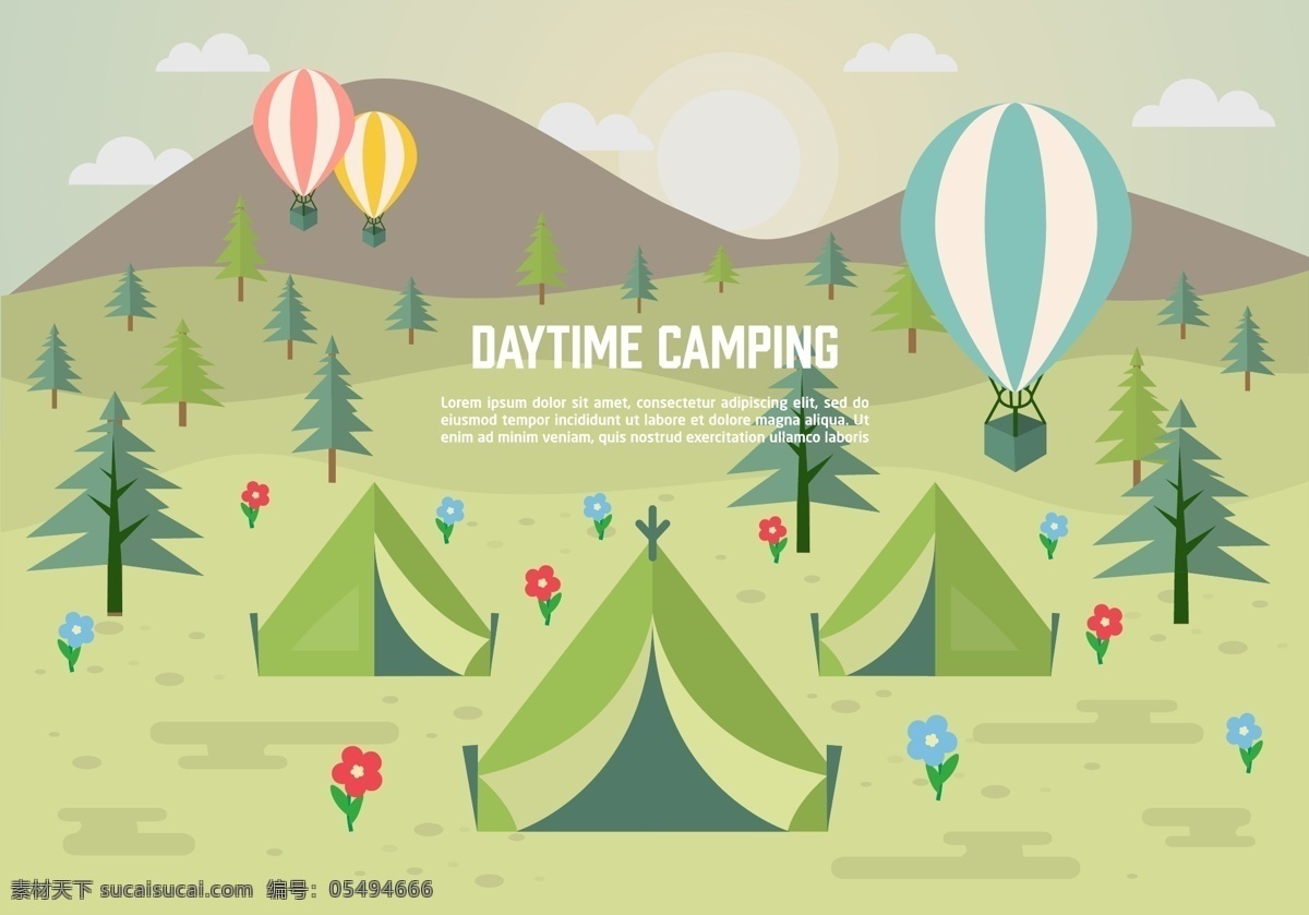 野外露营 矢量 帐篷 草地 树林 气球 矢量素材 野外 露营 树