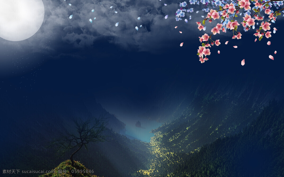 月色免费下载 落花 明月 山谷 背景图片