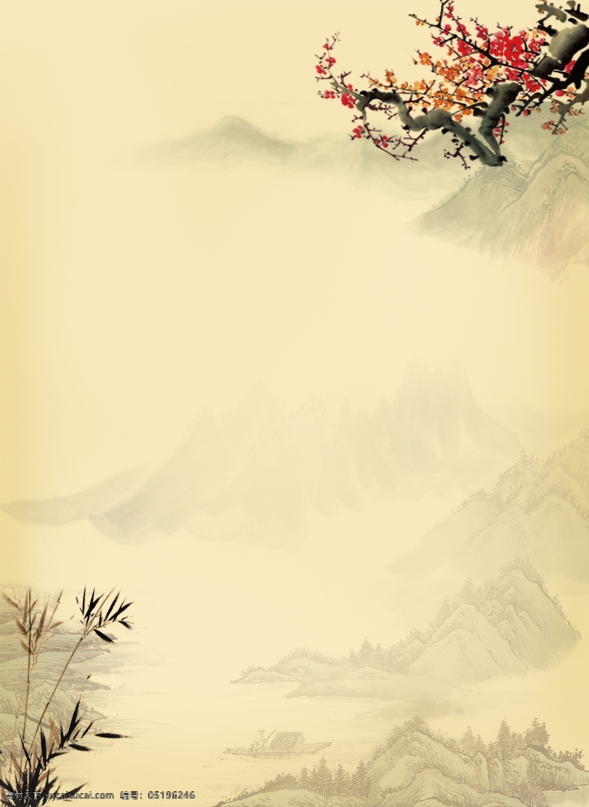 梅花背景图 山 梅花 竹子 黄色背景 古代风 古典 文化 背景 图 背景素材 分层 源文件