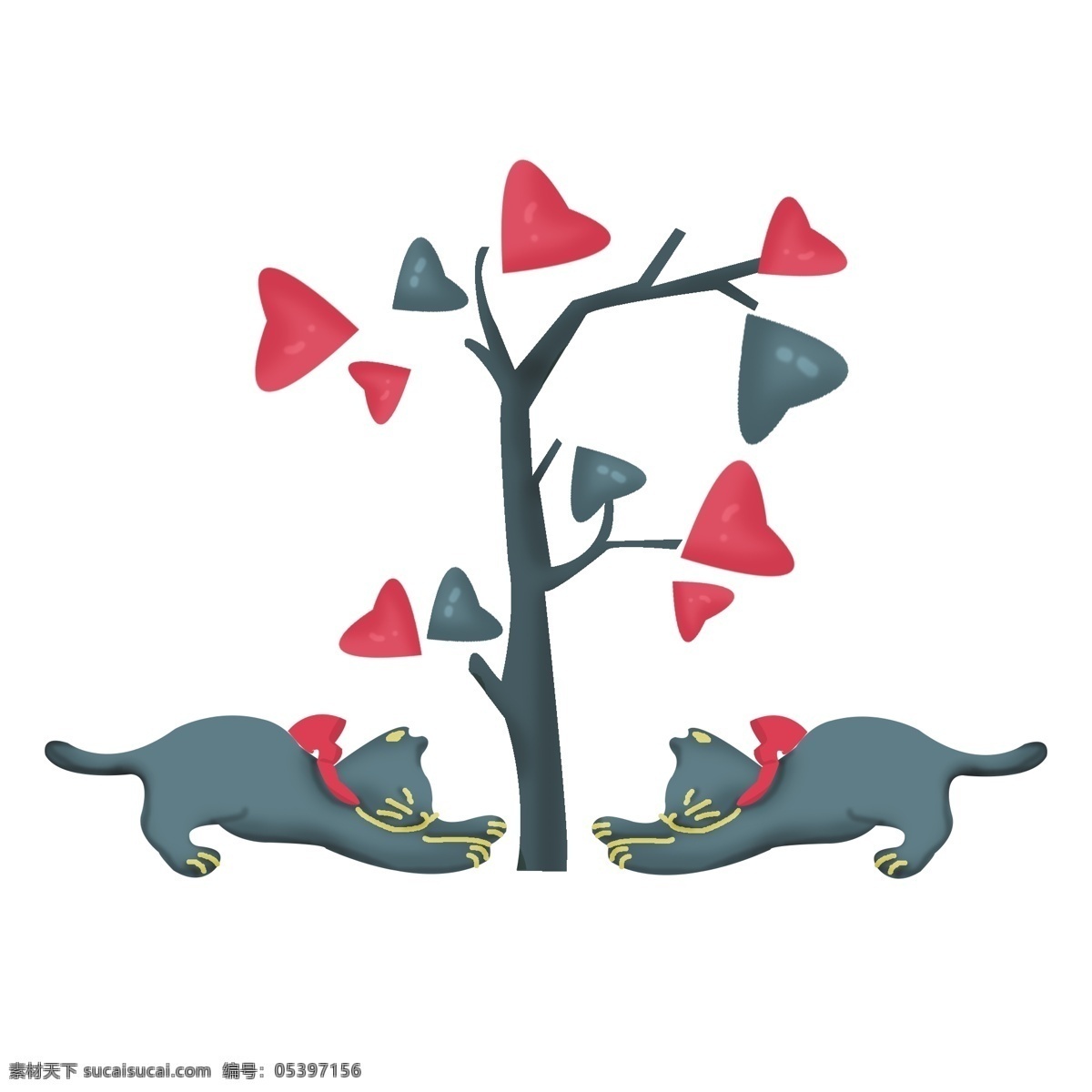手绘 红色 爱心 花树 插画 浪漫爱情树 手绘动物 小动物 卡通 爱情 树 红色爱心花树 卡通红心树