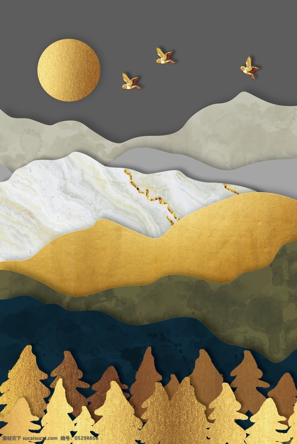 山水 金色 纹理 古风 传统 背景图片 背景 分层