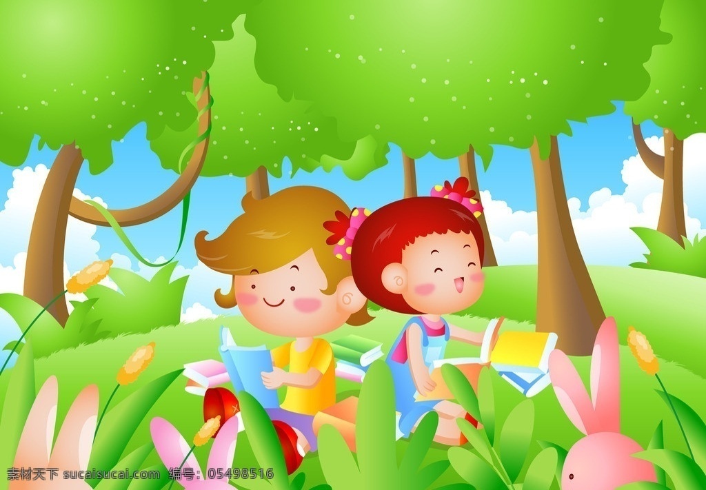 卡通 小孩 草地 看书 卡通小孩 树 兔子 树叶 蓝天 白云 自然风景 自然景观 矢量