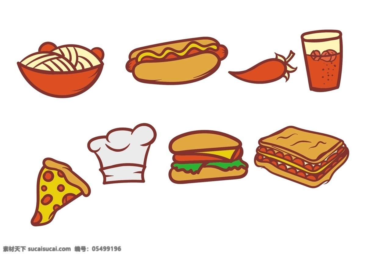 矢量 手绘 美食 图标 食物图标 扁平化食物 食物 美食插画 矢量素材 美食图标 手绘美食 面条 三文治 披萨 厨师帽 汉堡