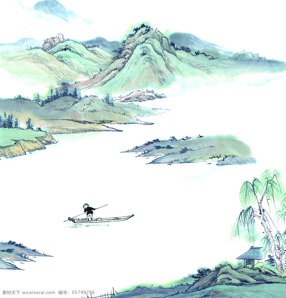 国画 出游 出游戏 山水 风景 船 人物 房子 白云 文化艺术 绘画书法 设计图库