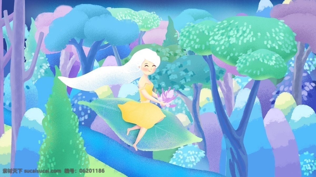 原创 手绘 插画 秋天 你好 森林 里 飞翔 女孩 树林 植物 叶子 秋天你好 秋季 河流 手绘插画 九月