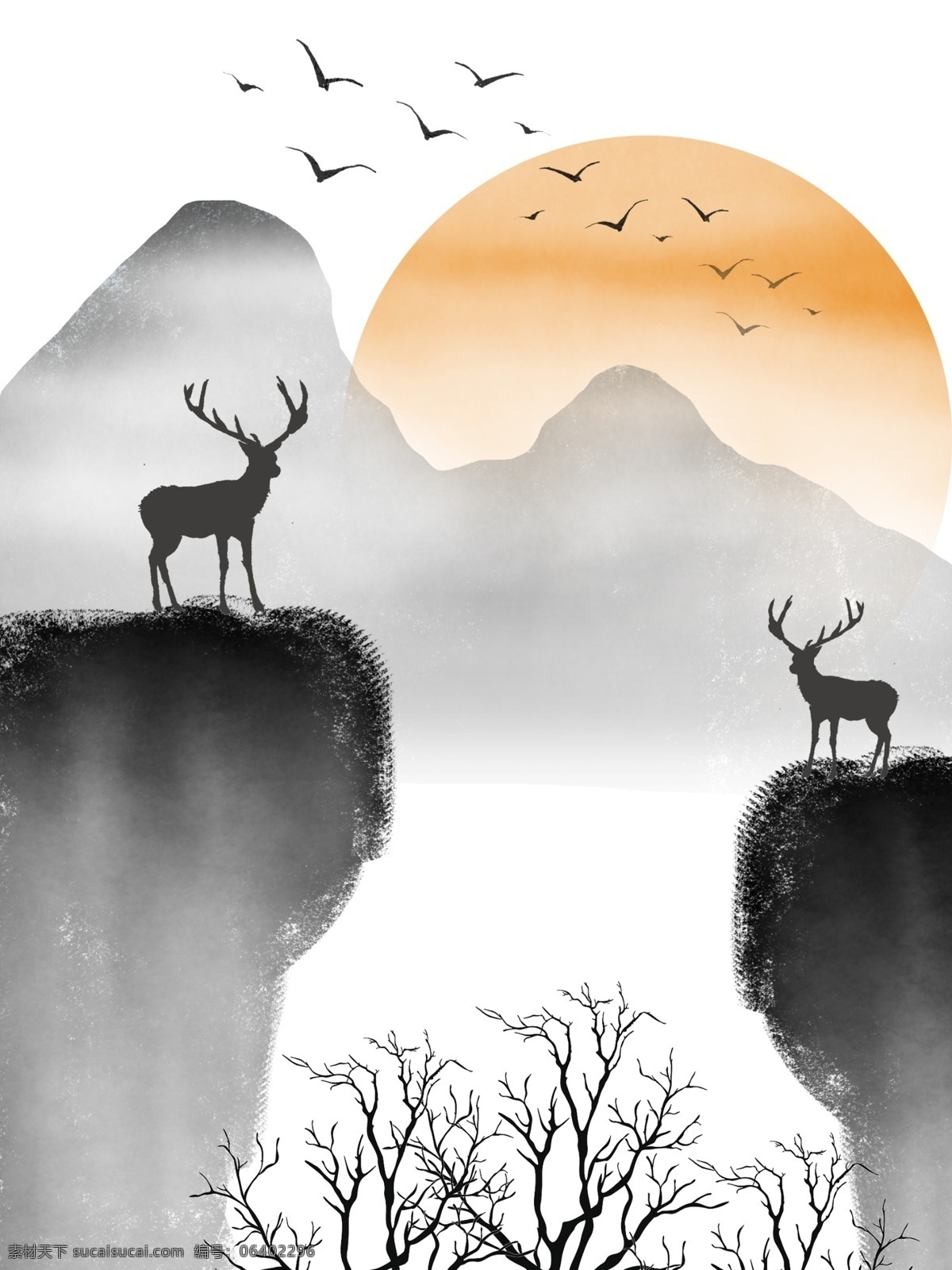 中式 悬崖 鹿 夕阳 客厅 装饰画 中国画 飞鸟 水墨 对鹿 一联画